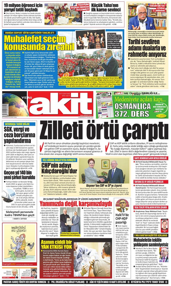 Yeni Akit Gazetesi 21 Ocak 2023, Cumartesi Günü Manşeti