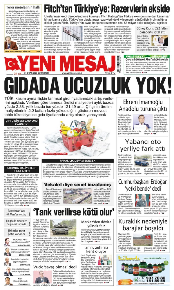 Yeni Mesaj Gazetesi 21 Ocak 2023, Cumartesi Günü Manşeti