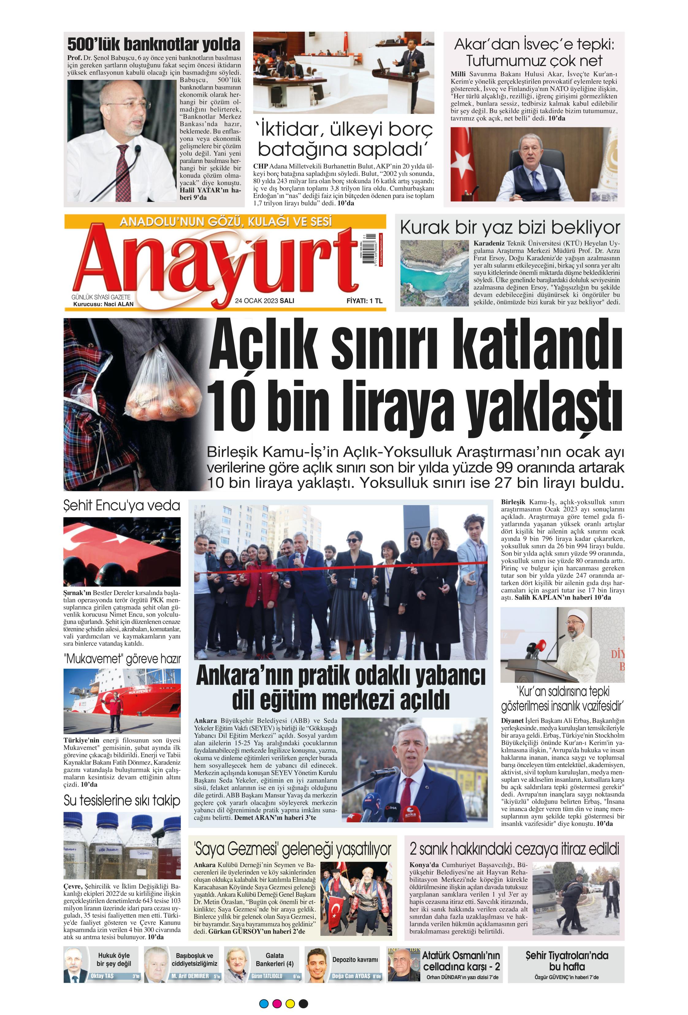 Anayurt Gazetesi 24 Ocak 2023, Salı Günü Manşeti