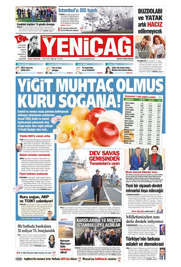 Yeniçağ Gazetesi 3 Ocak 2023, Salı Günü Manşeti