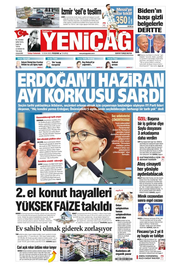 Yeniçağ Gazetesi 12 Ocak 2023, Perşembe Günü Manşeti