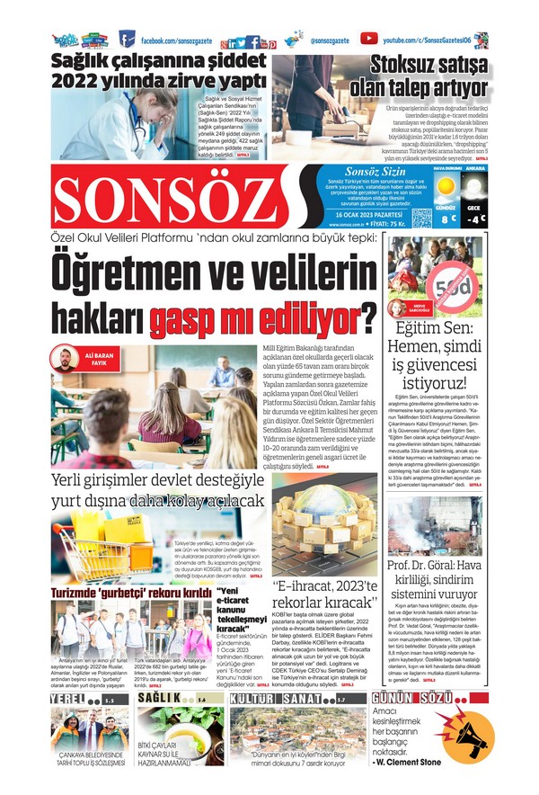 Sonsöz Gazetesi 16 Ocak 2023, Pazartesi Günü Manşeti