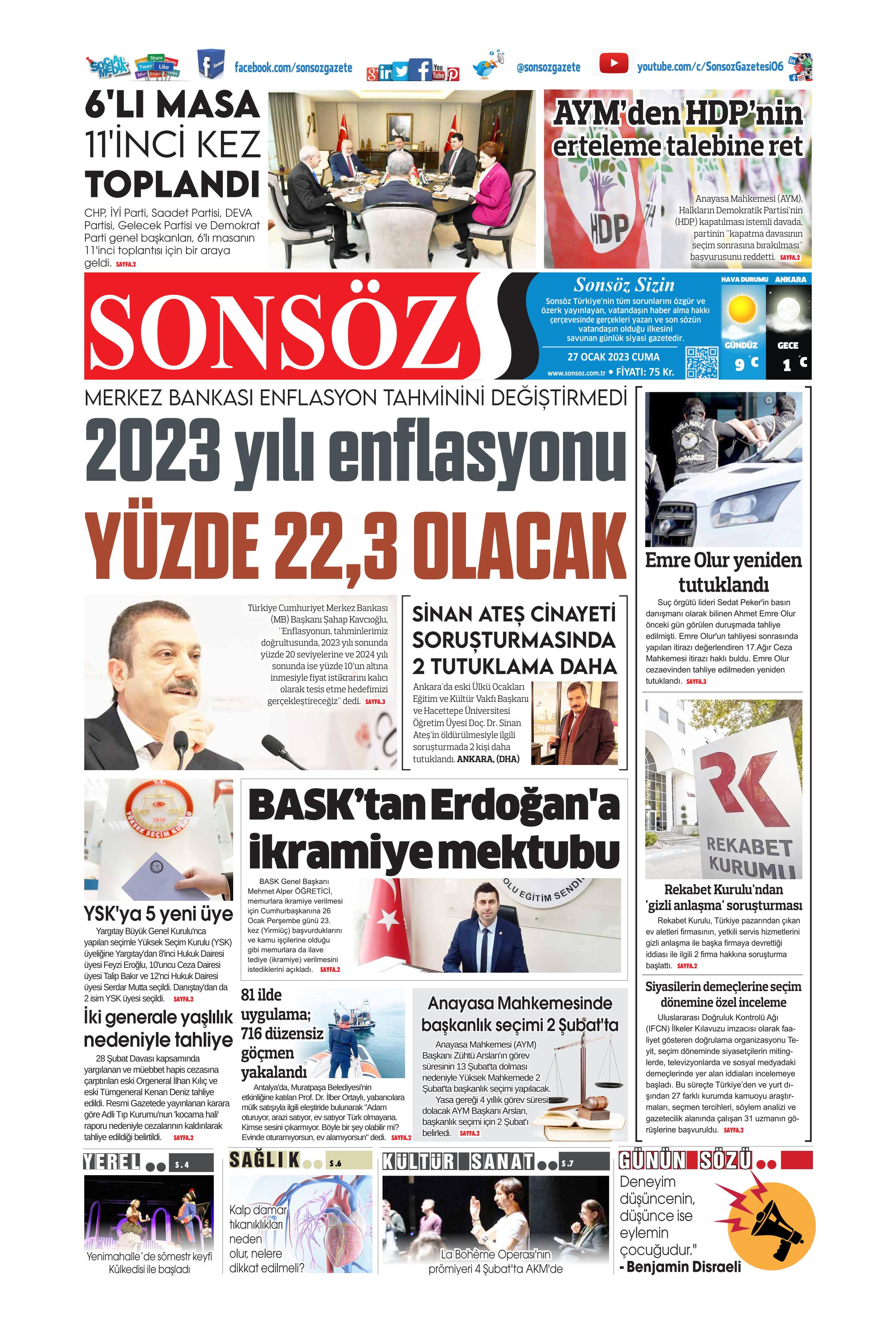 Sonsöz Gazetesi 27 Ocak 2023, Cuma Günü Manşeti