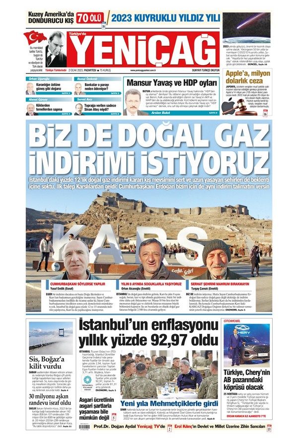 Yeniçağ Gazetesi 2 Ocak 2023, Pazartesi Günü Manşeti