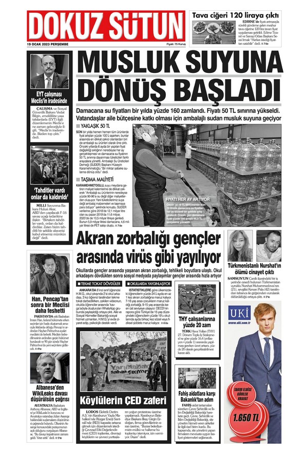 Dokuz Sütun Gazetesi 19 Ocak 2023, Perşembe Günü Manşeti