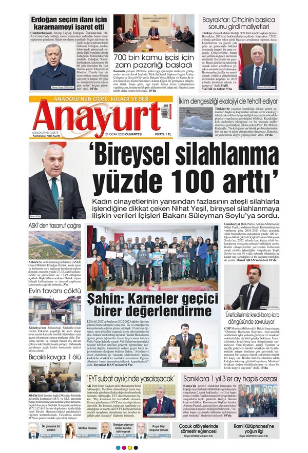 Anayurt Gazetesi 21 Ocak 2023, Cumartesi Günü Manşeti