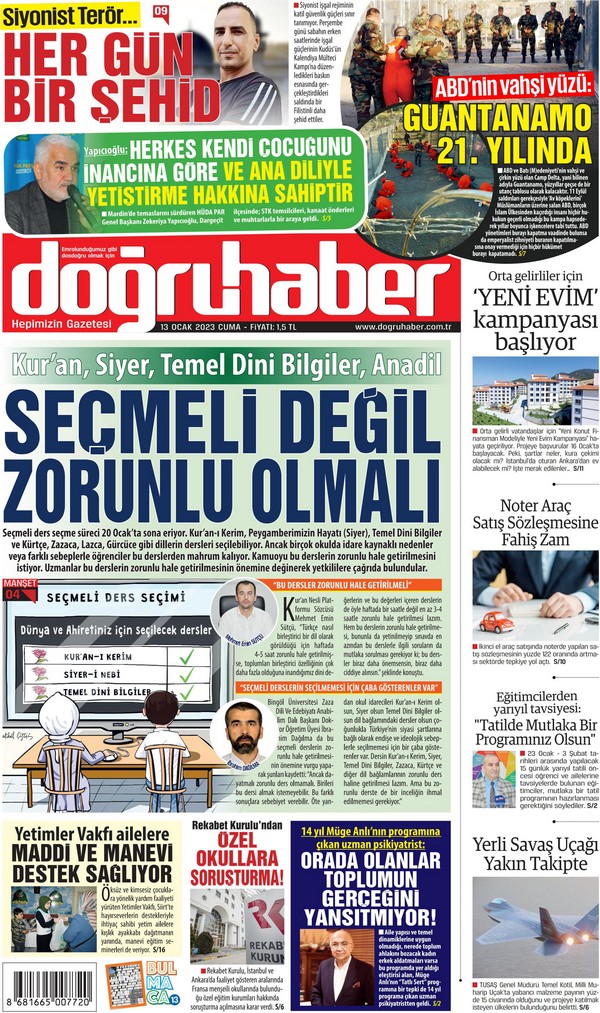 Doğruhaber Gazetesi 13 Ocak 2023, Cuma Günü Manşeti