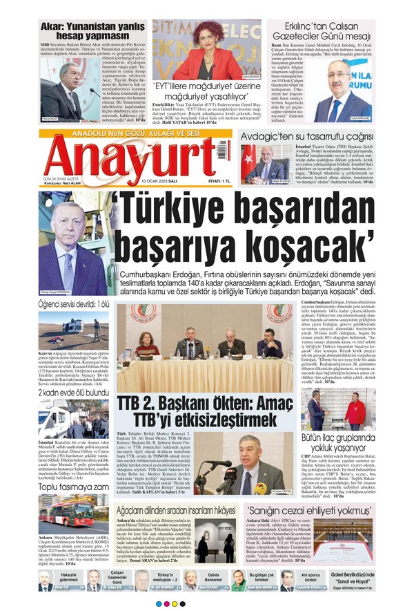 Anayurt Gazetesi 10 Ocak 2023, Salı Günü Manşeti