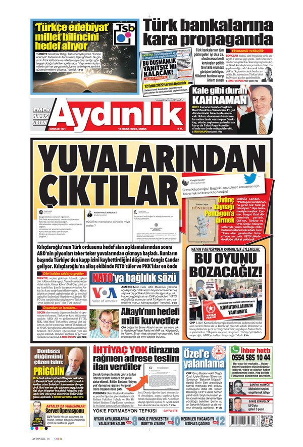 Aydınlık Gazetesi 13 Ocak 2023, Cuma Günü Manşeti