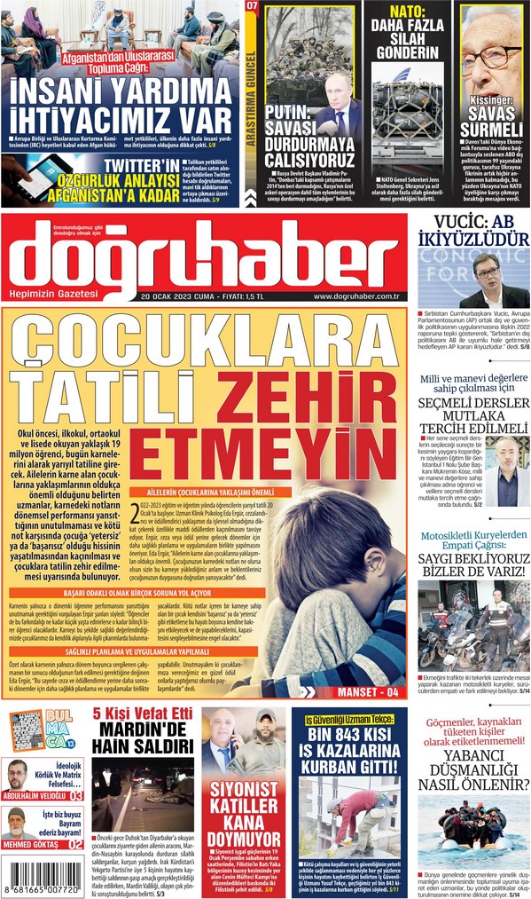 Doğruhaber Gazetesi 20 Ocak 2023, Cuma Günü Manşeti