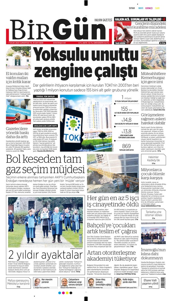 Birgün Gazetesi 7 Ocak 2023, Cumartesi Günü Manşeti