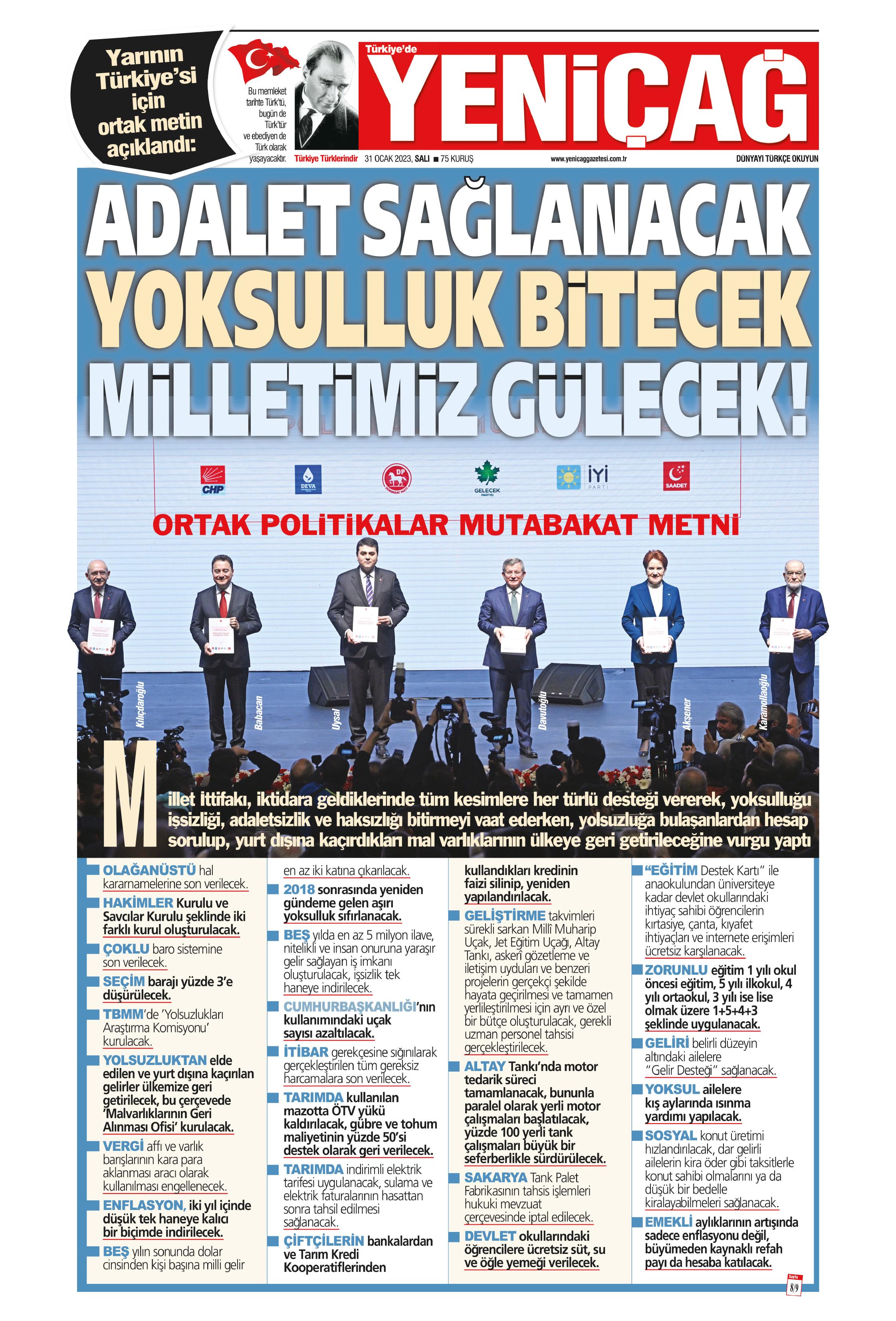 Yeniçağ Gazetesi 31 Ocak 2023, Salı Günü Manşeti