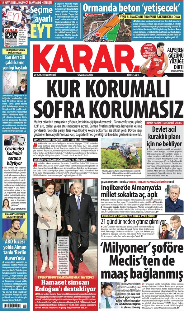 Karar Gazetesi 21 Ocak 2023, Cumartesi Günü Manşeti