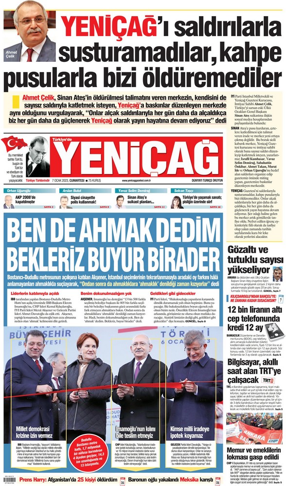 Yeniçağ Gazetesi 7 Ocak 2023, Cumartesi Günü Manşeti