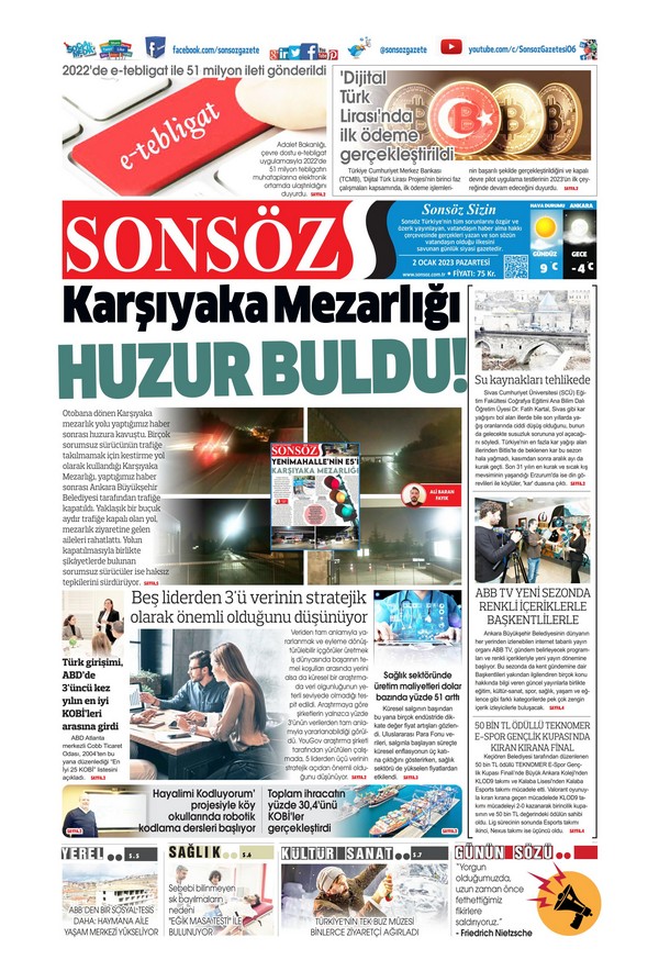 Sonsöz Gazetesi 2 Ocak 2023, Pazartesi Günü Manşeti