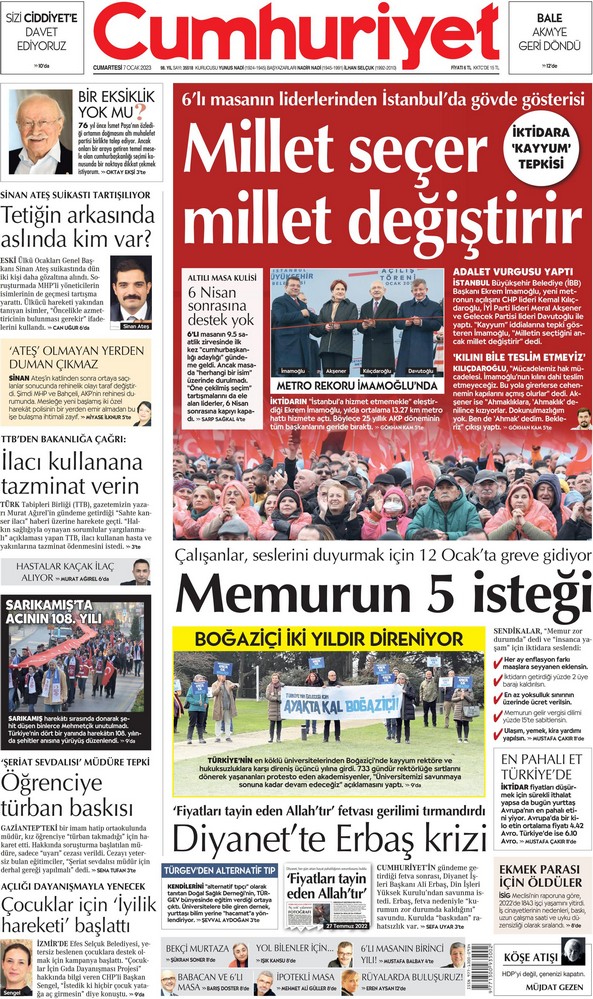 Cumhuriyet Gazetesi 7 Ocak 2023, Cumartesi Günü Manşeti