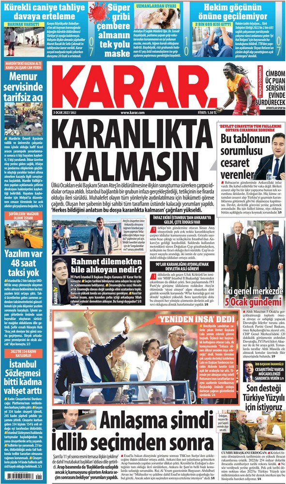 Karar Gazetesi 3 Ocak 2023, Salı Günü Manşeti