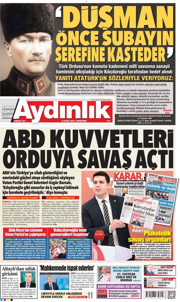 Aydınlık Gazetesi 12 Ocak 2023, Perşembe Günü Manşeti