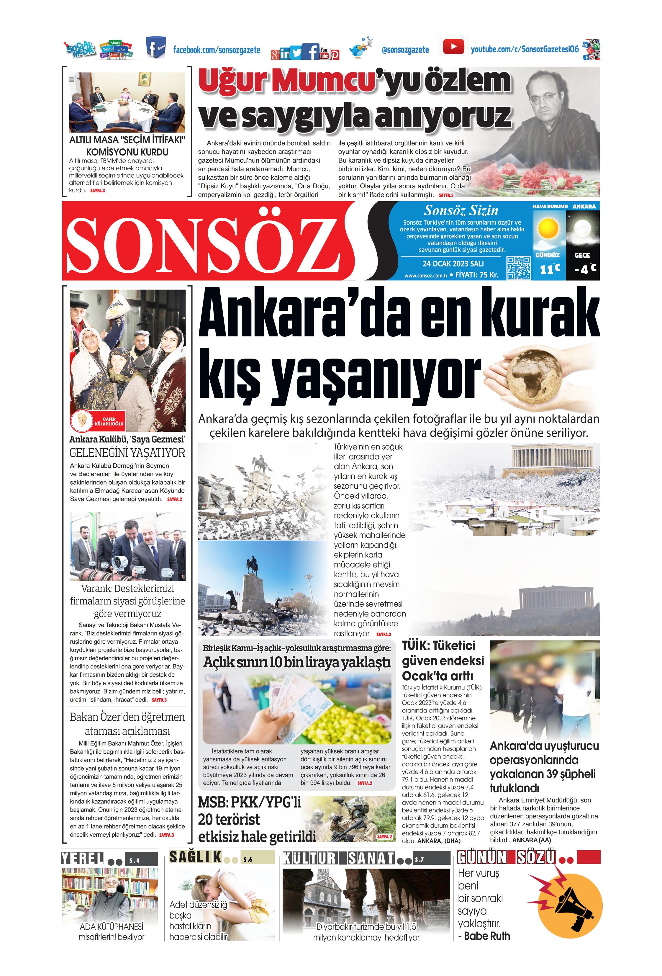 Sonsöz Gazetesi 24 Ocak 2023, Salı Günü Manşeti