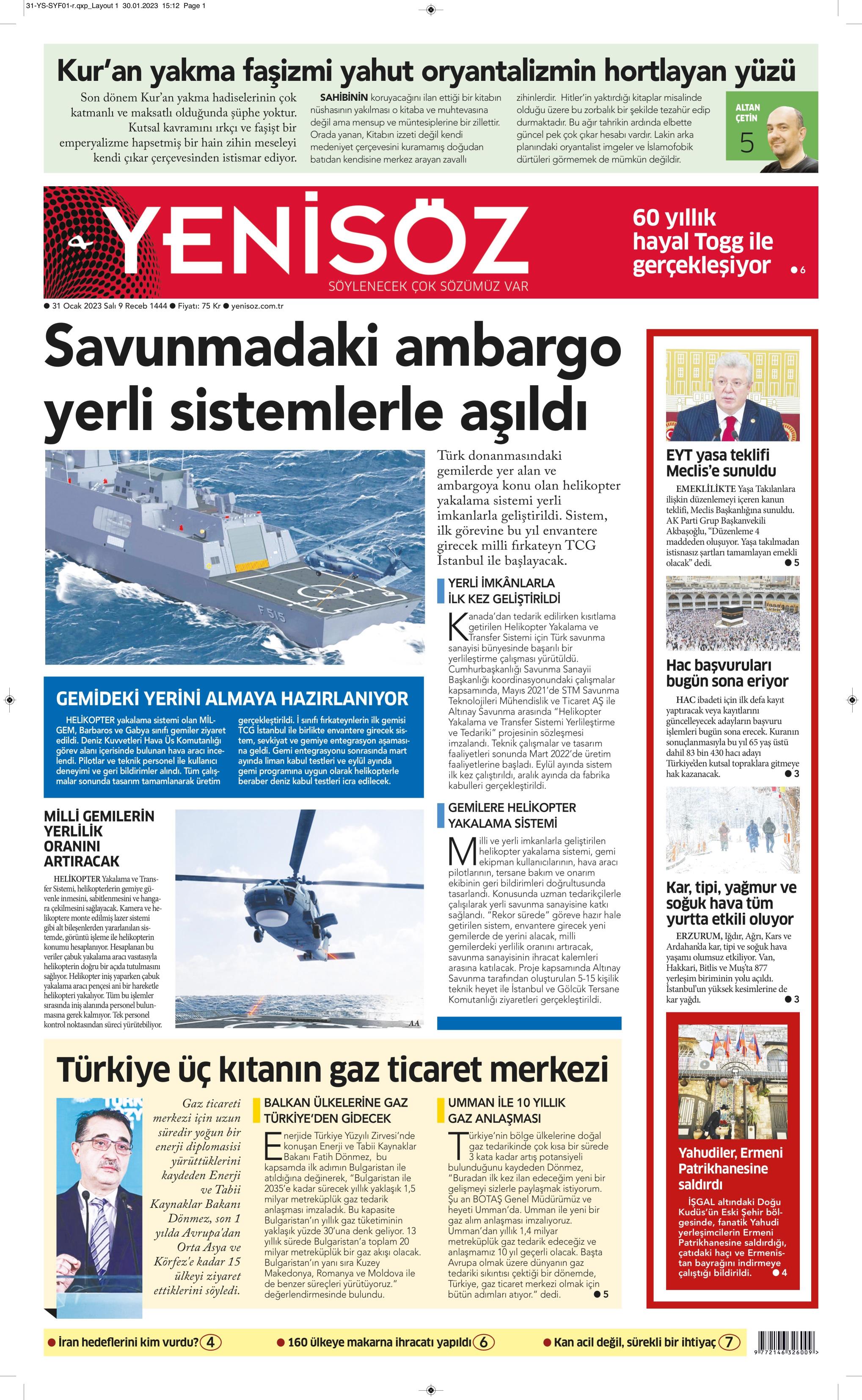 Yeni Söz Gazetesi 31 Ocak 2023, Salı Günü Manşeti