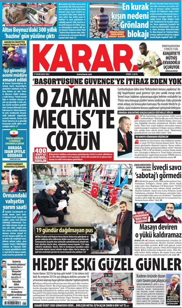 Karar Gazetesi 17 Ocak 2023, Salı Günü Manşeti