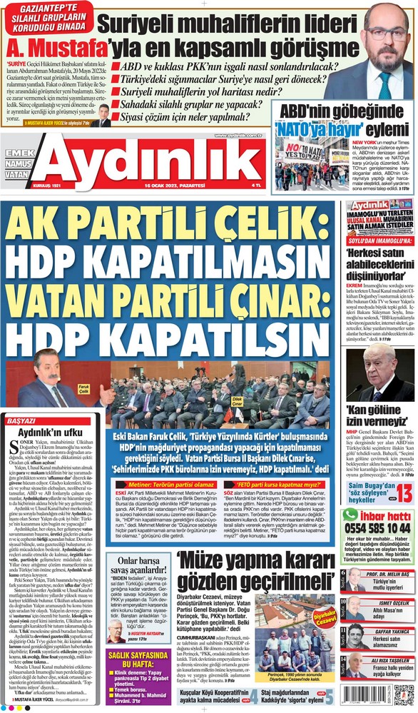 Aydınlık Gazetesi 16 Ocak 2023, Pazartesi Günü Manşeti