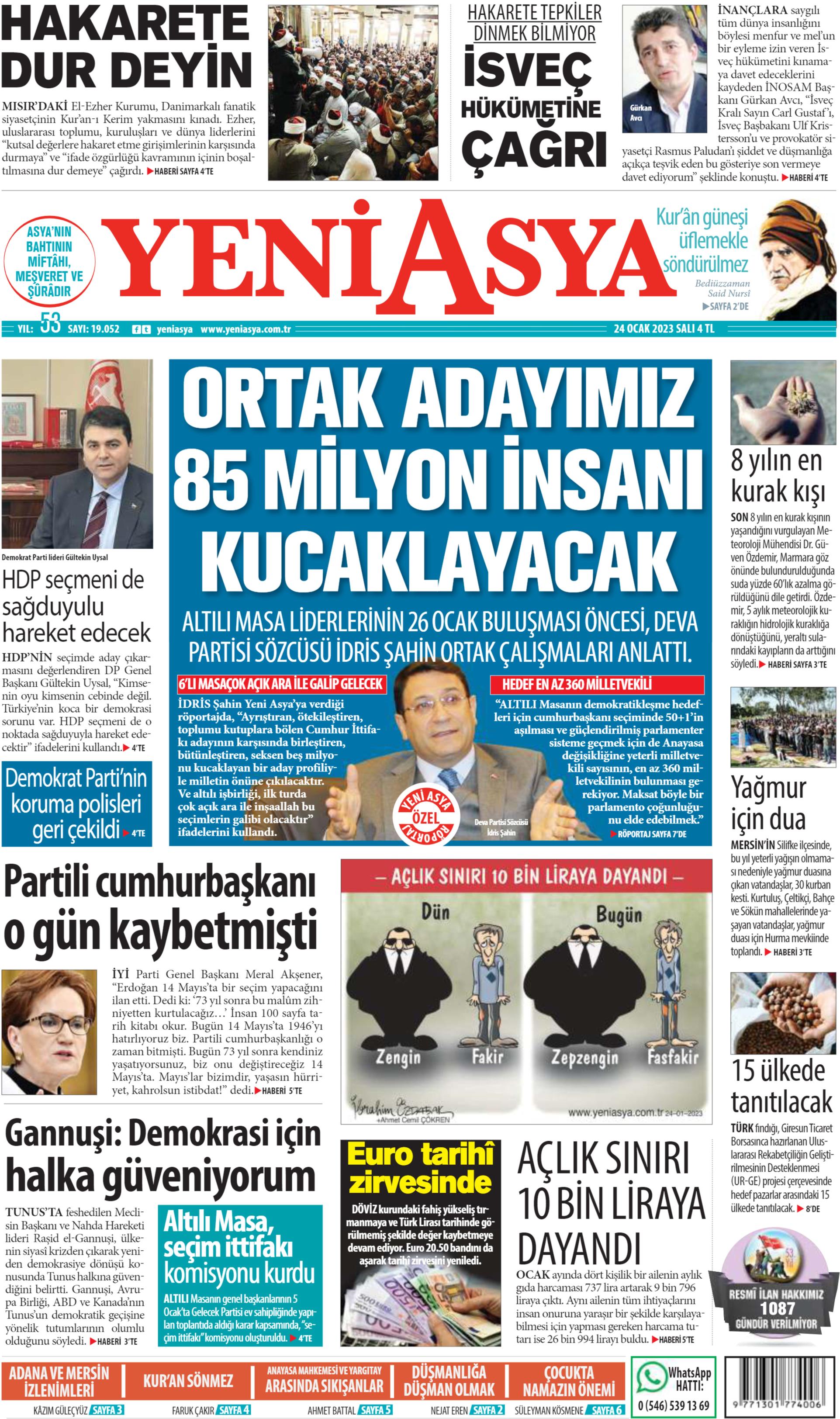 Yeni Asya Gazetesi 24 Ocak 2023, Salı Günü Manşeti