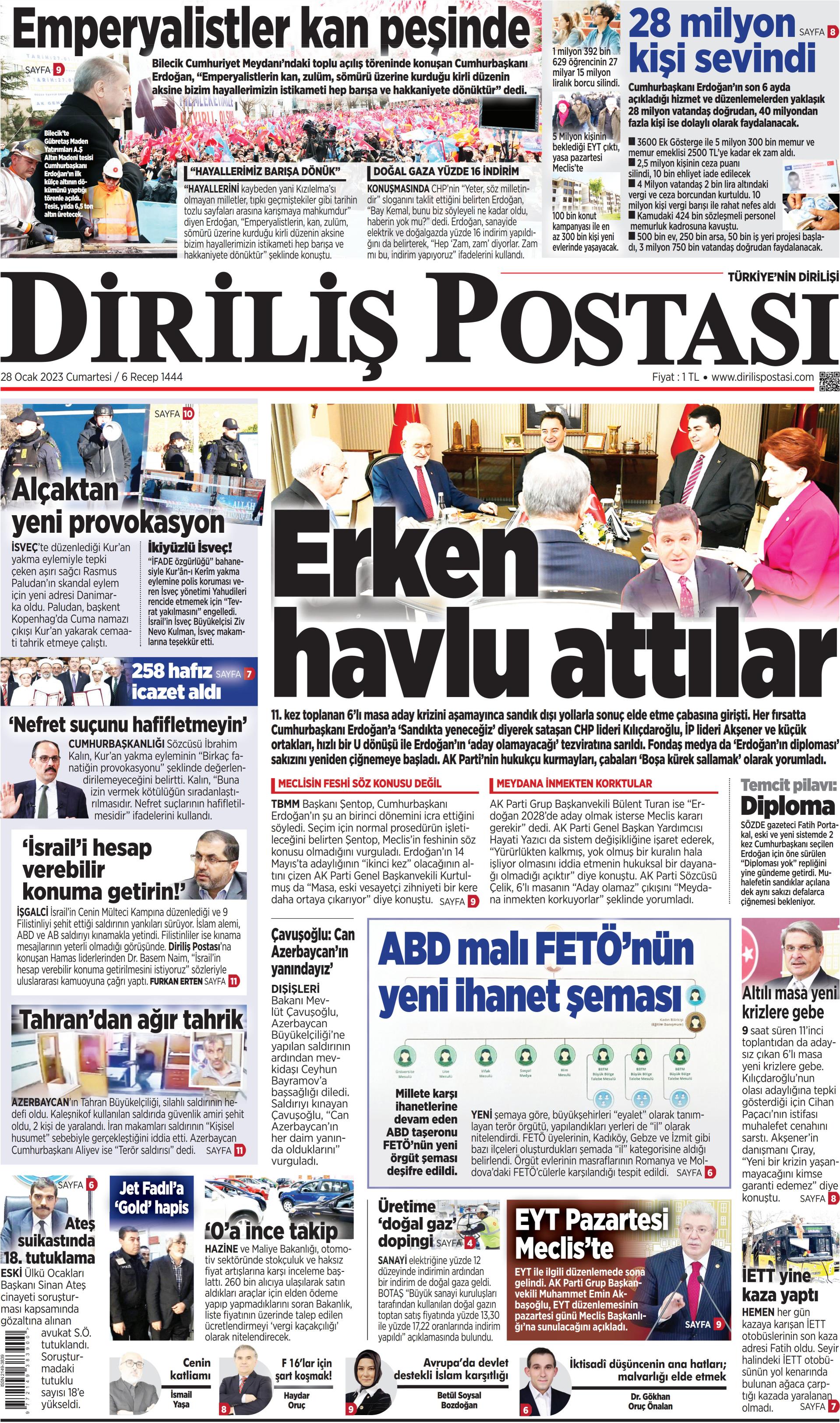 Diriliş Postası 28 Ocak 2023, Cumartesi Günü Manşeti