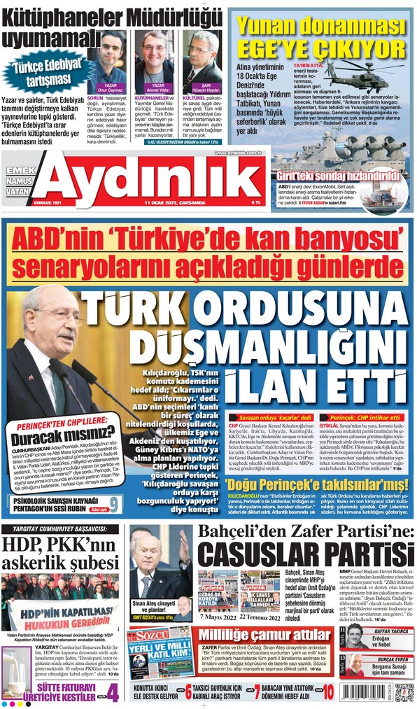 Aydınlık Gazetesi 11 Ocak 2023, Çarşamba Günü Manşeti