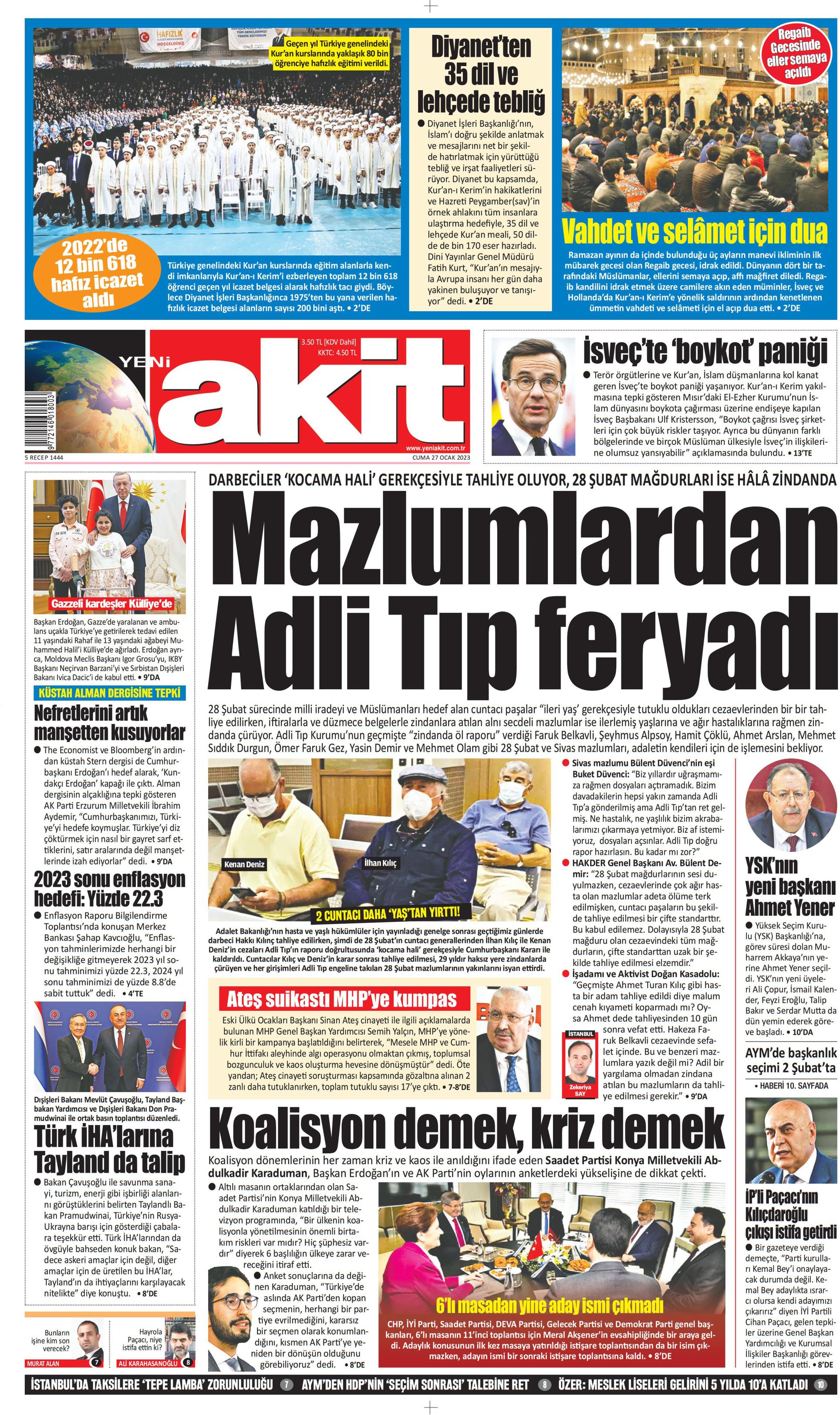 Yeni Akit Gazetesi 27 Ocak 2023, Cuma Günü Manşeti