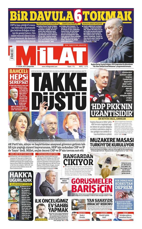 Milat Gazetesi 11 Ocak 2023, Çarşamba Günü Manşeti