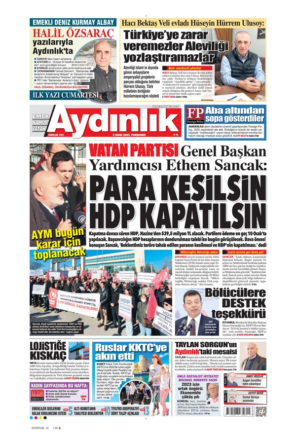 Aydınlık Gazetesi 5 Ocak 2023, Perşembe Günü Manşeti