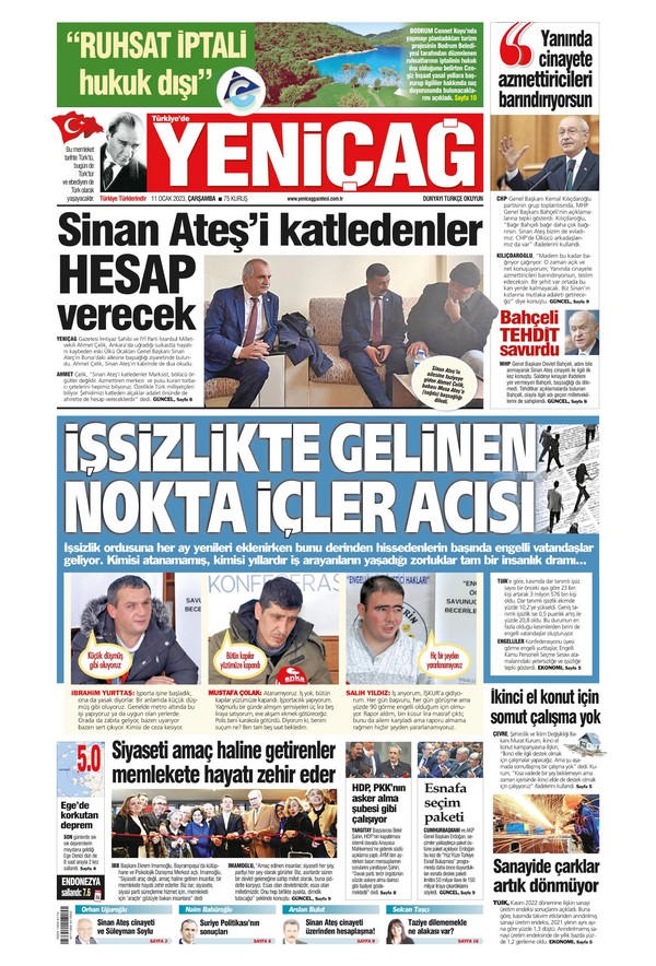 Yeniçağ Gazetesi 11 Ocak 2023, Çarşamba Günü Manşeti