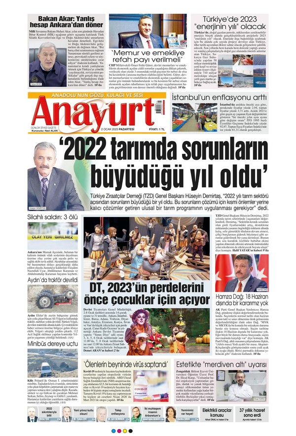 Anayurt Gazetesi 2 Ocak 2023, Pazartesi Günü Manşeti