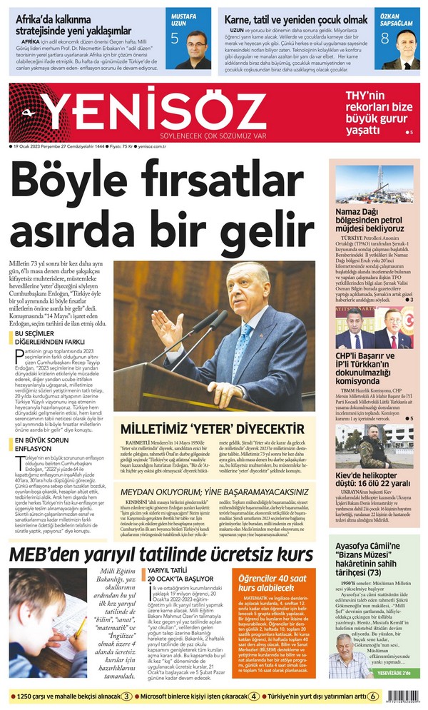 Yenisöz Gazetesi 19 Ocak 2023, Perşembe Günü Manşeti