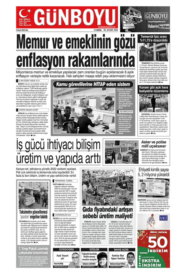 Günboyu Gazetesi 3 Ocak 2023, Salı Günü Manşeti