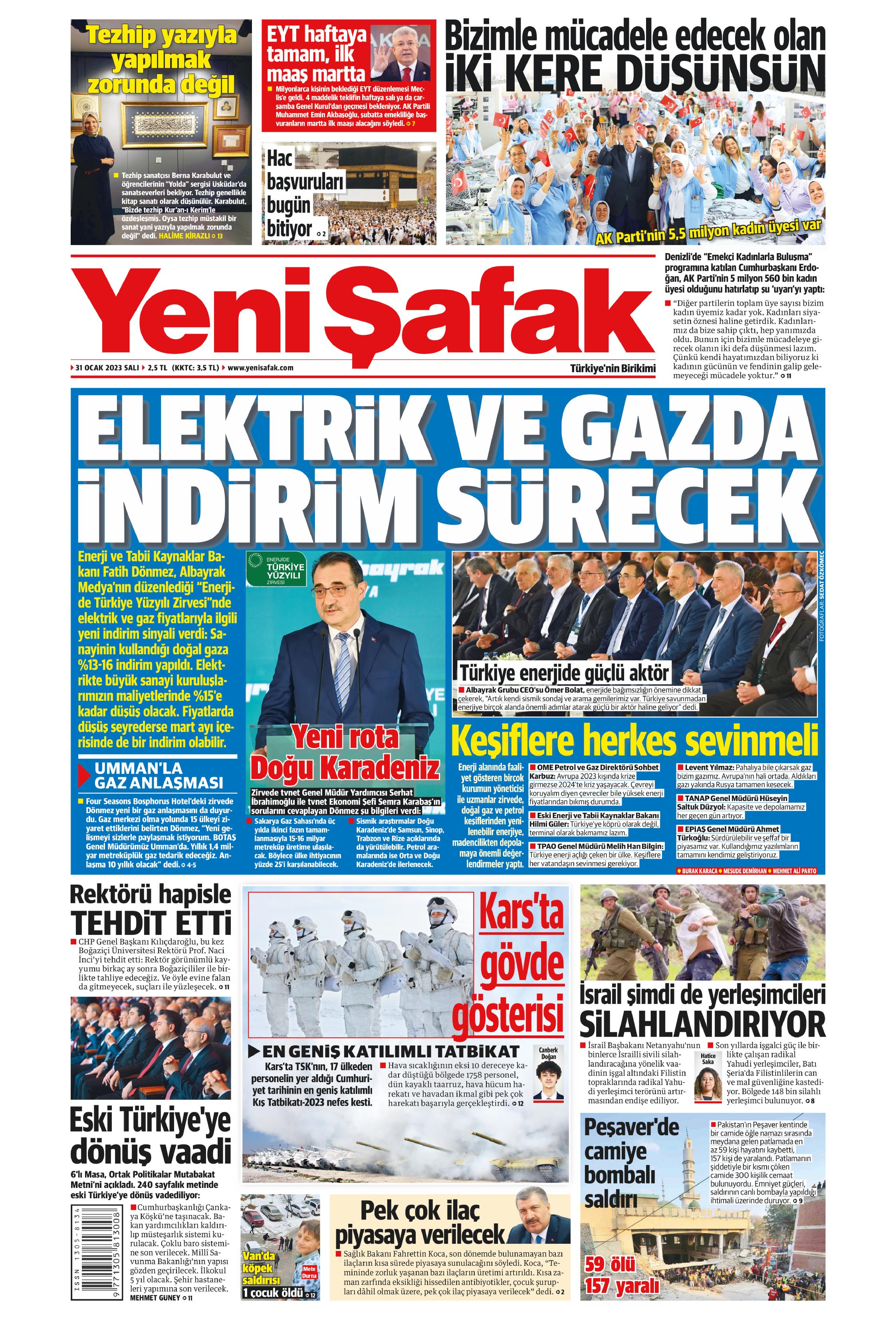 Yeni Şafak Gazetesi 31 Ocak 2023, Salı Günü Manşeti