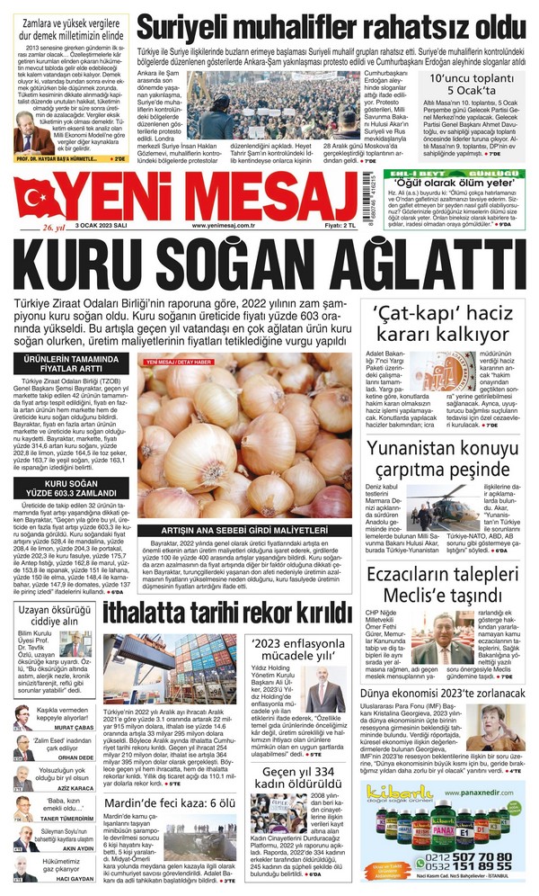 Yeni Mesaj Gazetesi 3 Ocak 2023, Salı Günü Manşeti