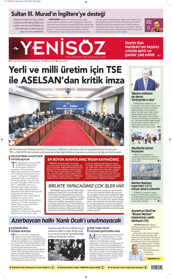 Yenisöz Gazetesi 21 Ocak 2023, Cumartesi Günü Manşeti