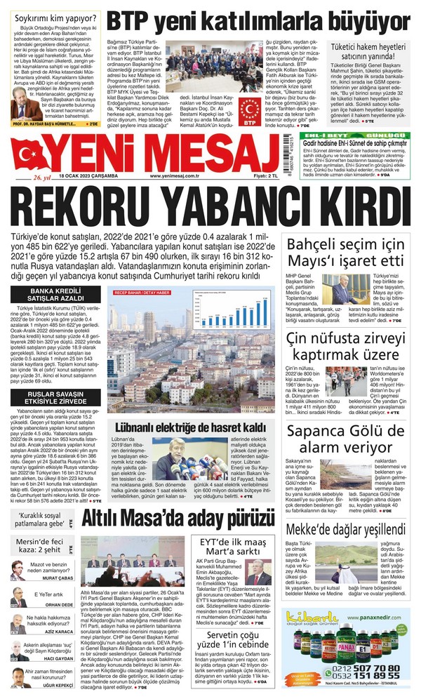 Yeni Mesaj Gazetesi 18 Ocak 2023, Çarşamba Günü Manşeti