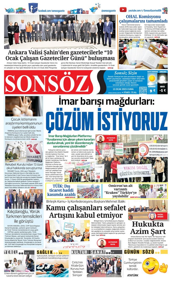 Sonsöz Gazetesi 13 Ocak 2023, Cuma Günü Manşeti