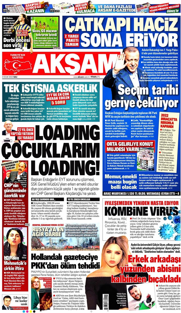 Akşam Gazetesi 3 Ocak 2023, Salı Günü Manşeti