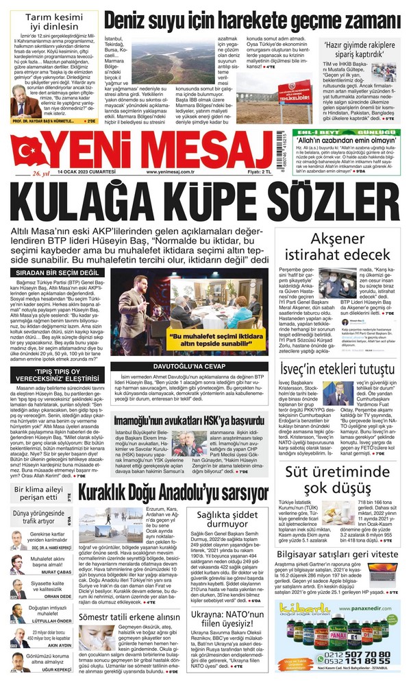 Yeni Mesaj Gazetesi 14 Ocak 2023, Cumartesi Günü Manşeti