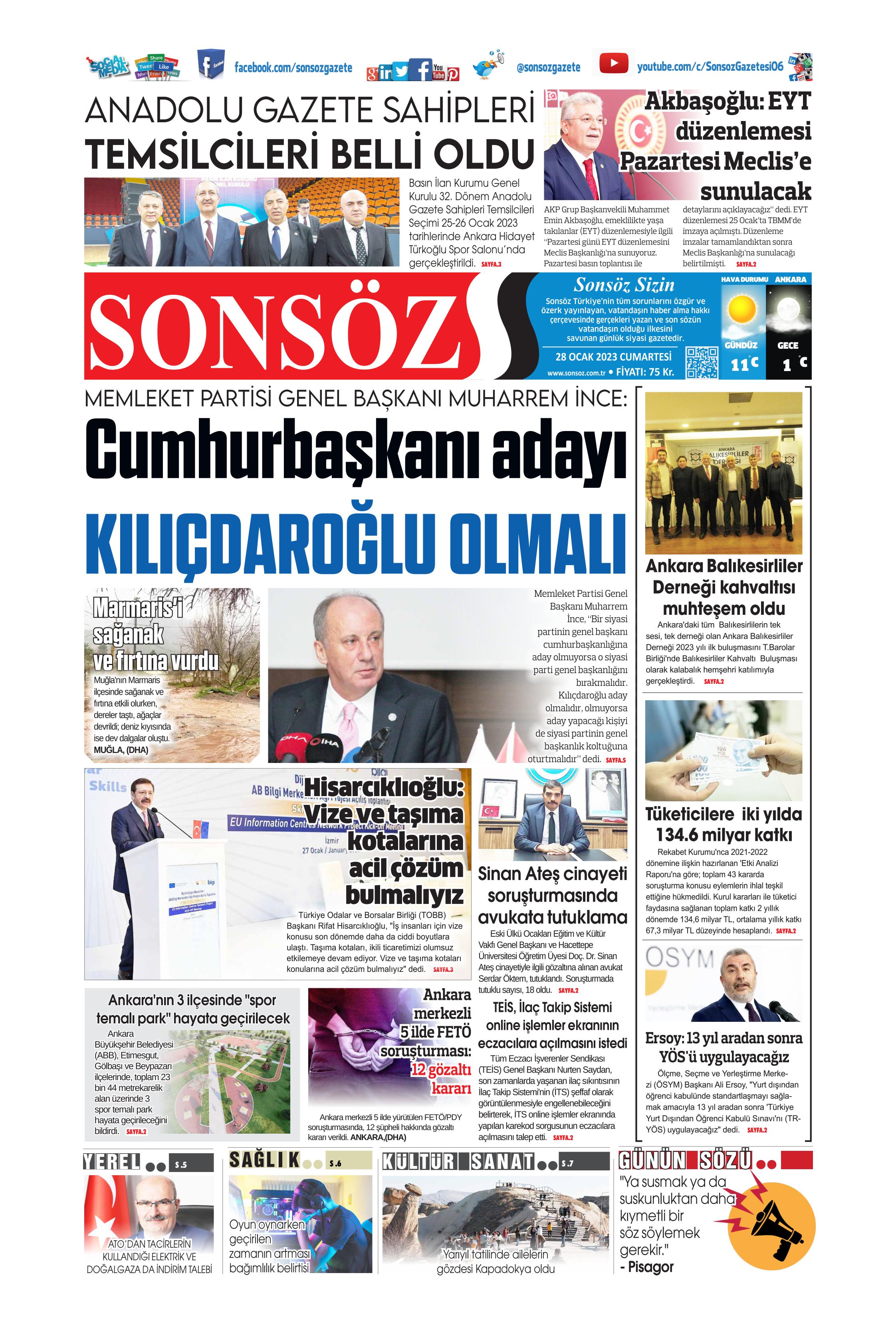 Sonsöz 28 Ocak 2023, Cumartesi Günü Manşeti