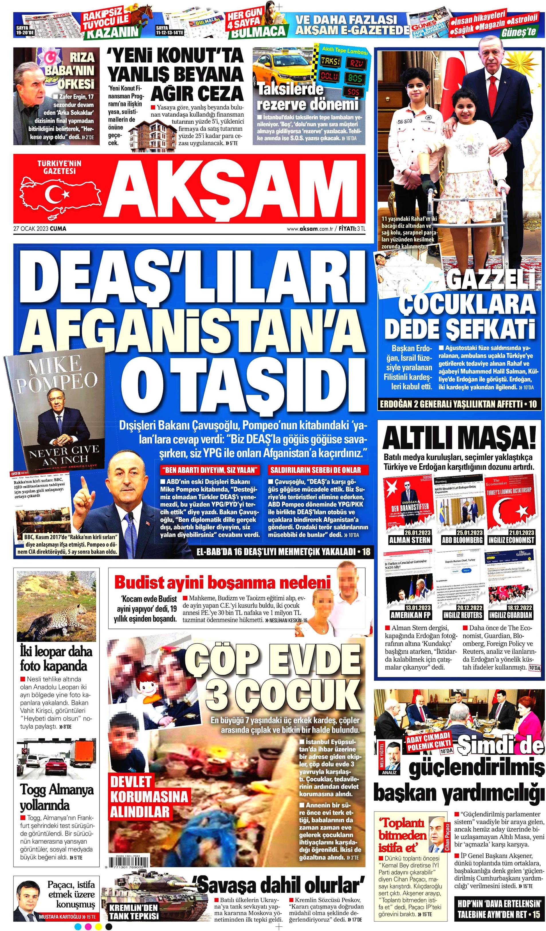 Akşam Gazetesi 27 Ocak 2023, Cuma Günü Manşeti