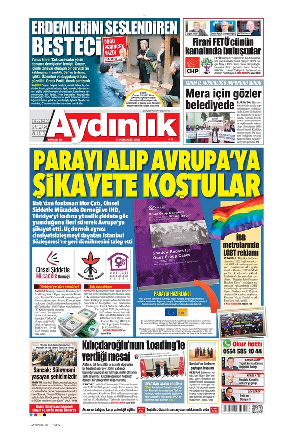 Aydınlık Gazetesi 3 Ocak 2023, Salı Günü Manşeti