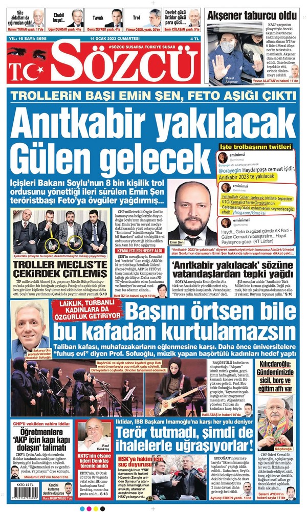 Sözcü  Gazetesi 14 Ocak 2023, Cumartesi Günü Manşeti