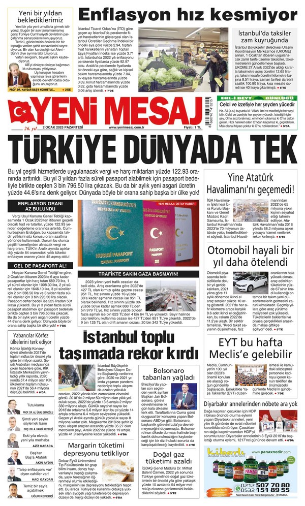 Yeni Mesaj Gazetesi 2 Ocak 2023, Pazartesi Günü Manşeti