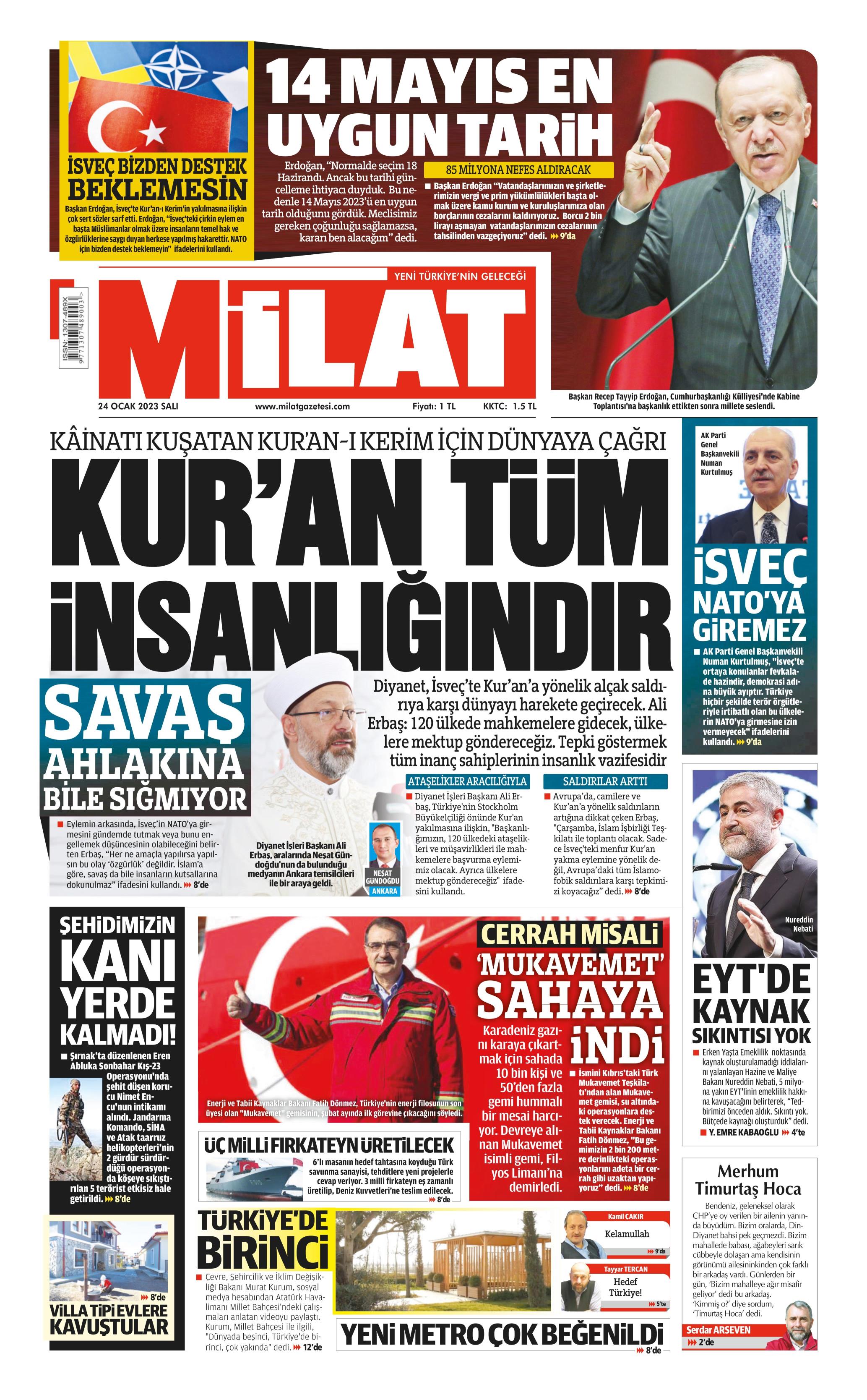 Milat Gazetesi 24 Ocak 2023, Salı Günü Manşeti