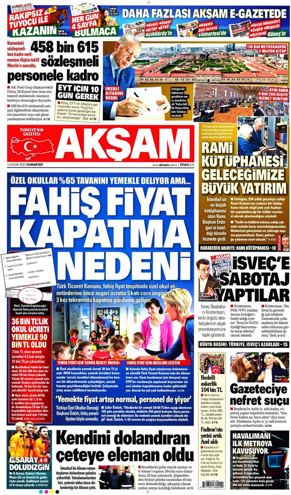 Akşam Gazetesi 14 Ocak 2023, Cumartesi Günü Manşeti